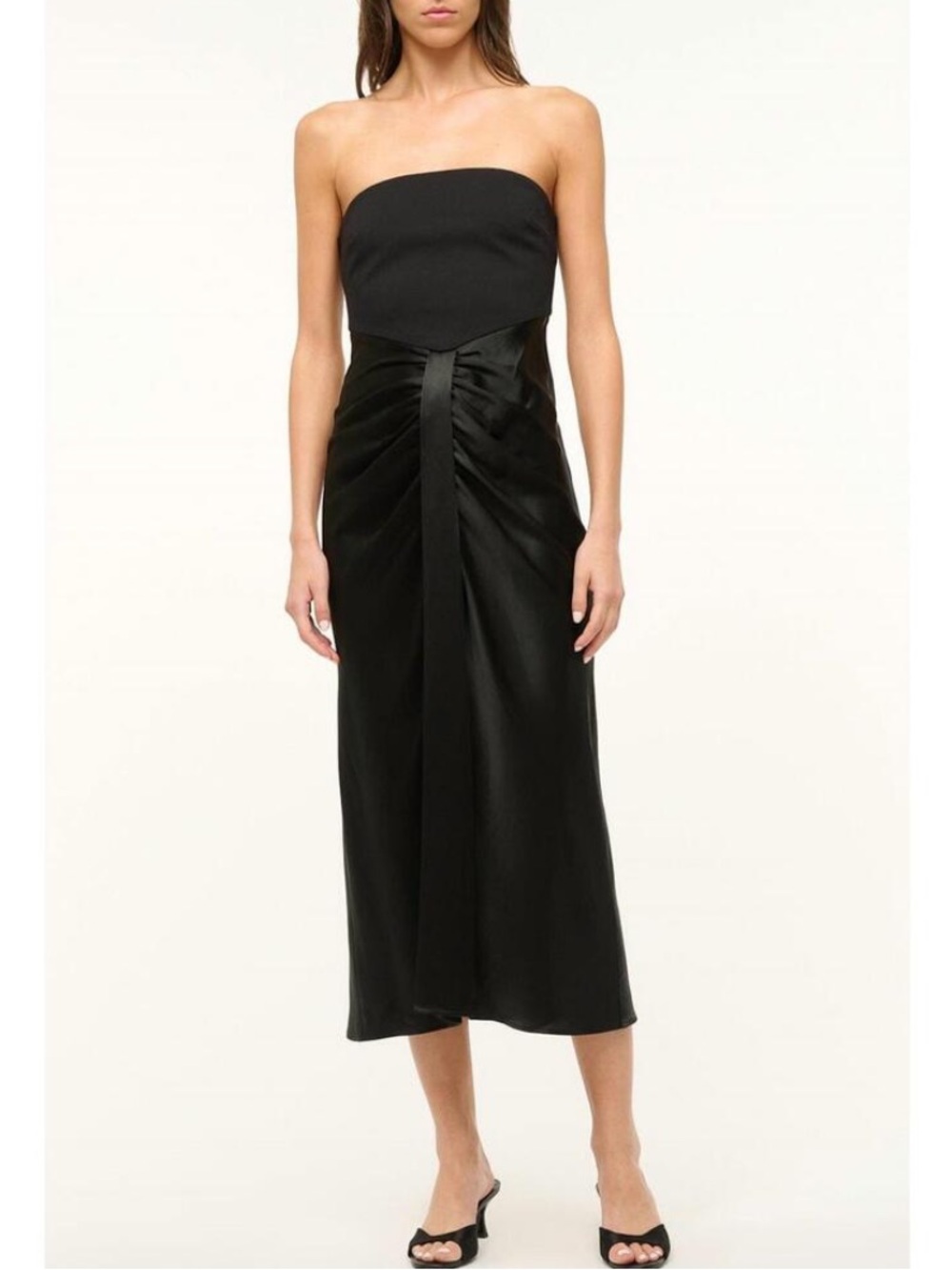 NWT STAUD Wayfaring Black Strapless Satin Midi Dress. Size 14